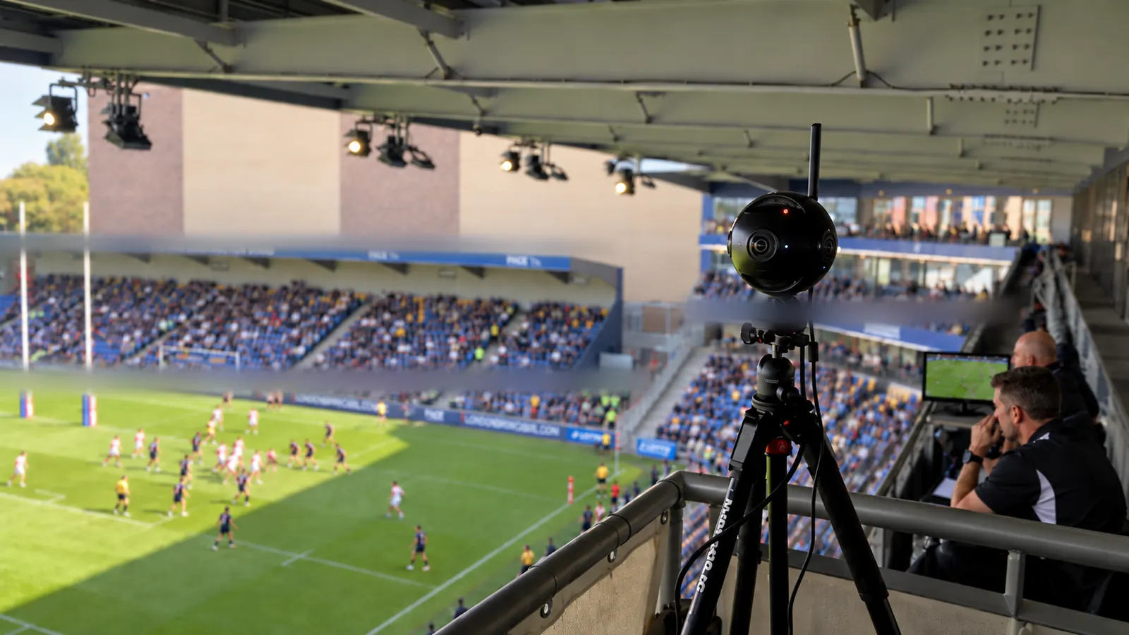 A spherical 360 camera positioned beside a rugby team coaching box overlooking the pitch