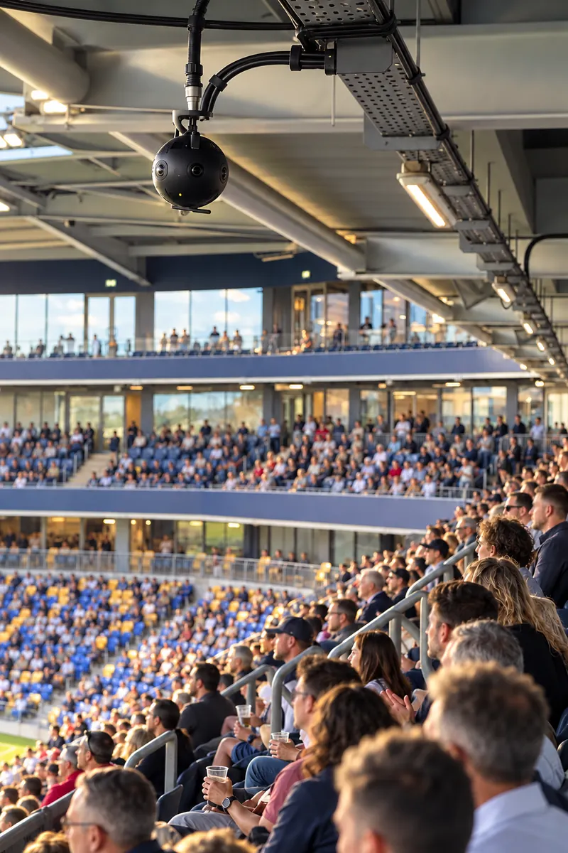 A suspended 360-degree camera over a hospitality audience at a live sporting event