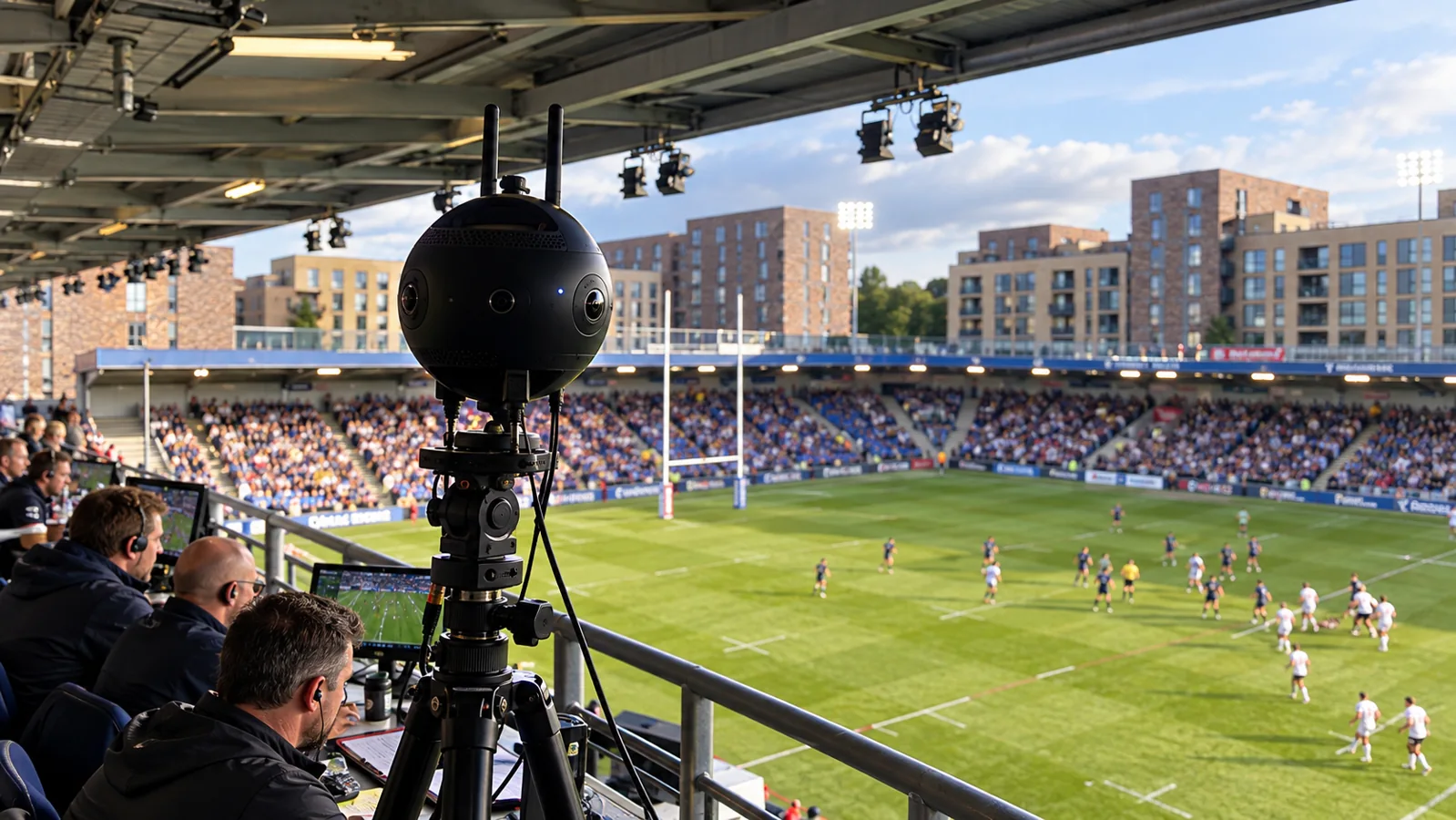 Professional 360 camera on a tripod positioned beside coaches overlooking a rugby match