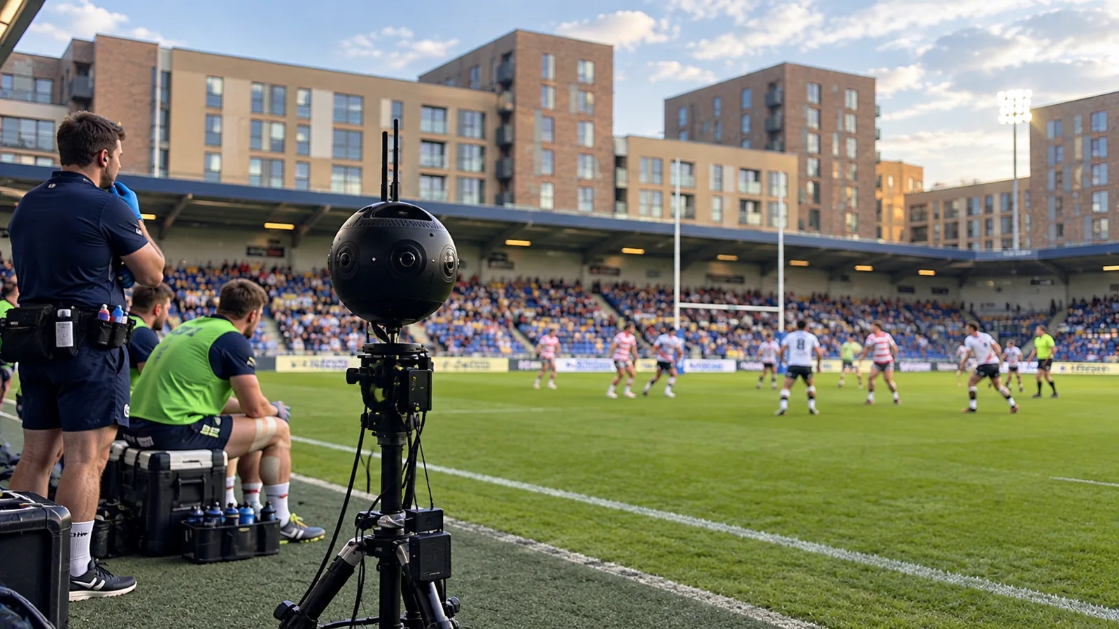 360° camera beside the touchline and substitutes bench during a rugby league match