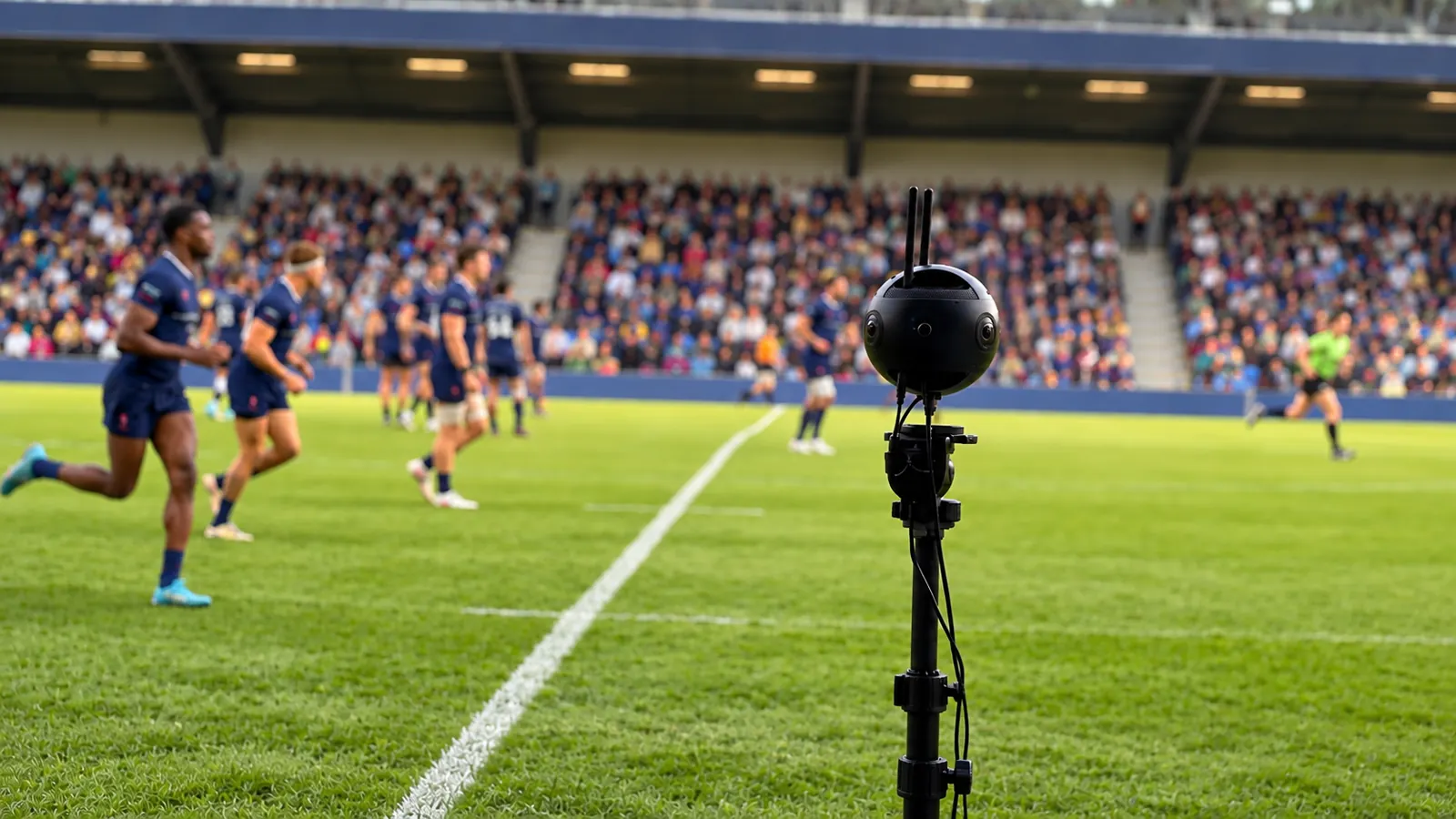 Professional spherical 360° camera capturing a live sports stadium event