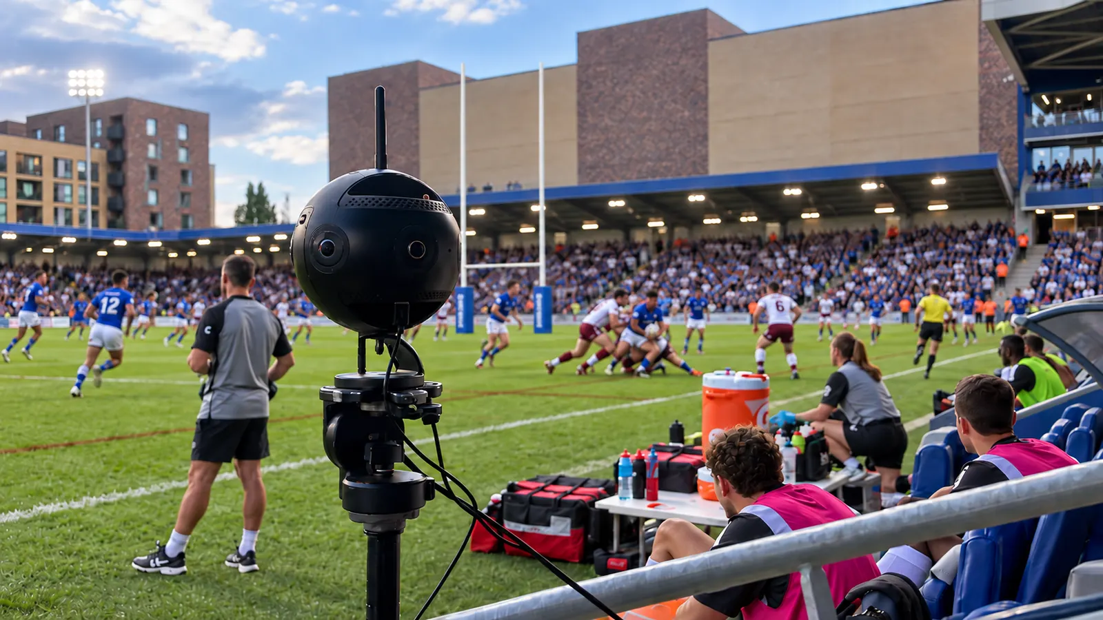 Professional spherical 360° camera capturing a live sports stadium event