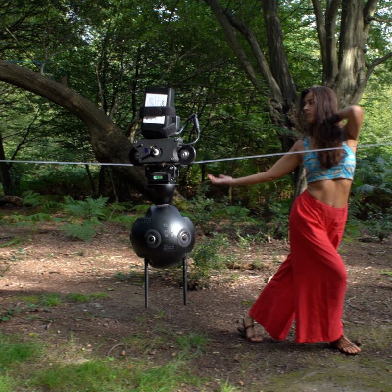 Insta360 Pro 2 on a cable cam rig in a woodland setting