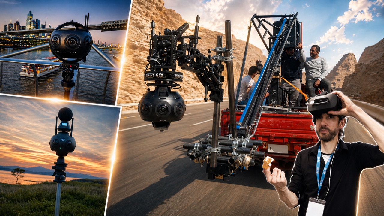 Catch Reality immersive production: Insta360 Titan on the Thames in London, Insta360 Pro 2 at sunset in Scotland, Egypt commercial shoot with cable cam, and a viewer in a VR headset