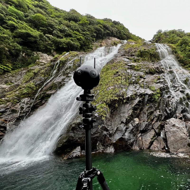 Insta360 Titan filming a waterfall on Yakushima, Japan