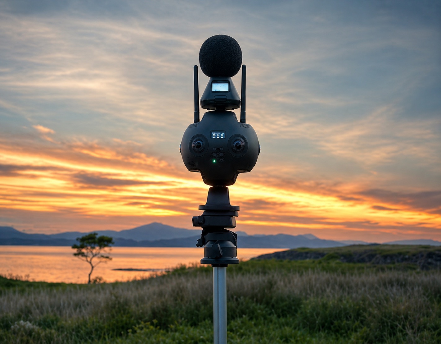 Insta360 Pro 2 8K professional 360 VR camera with ambisonic microphone on a tripod overlooking a Scottish coastal sunset — available for hire in London and across the UK