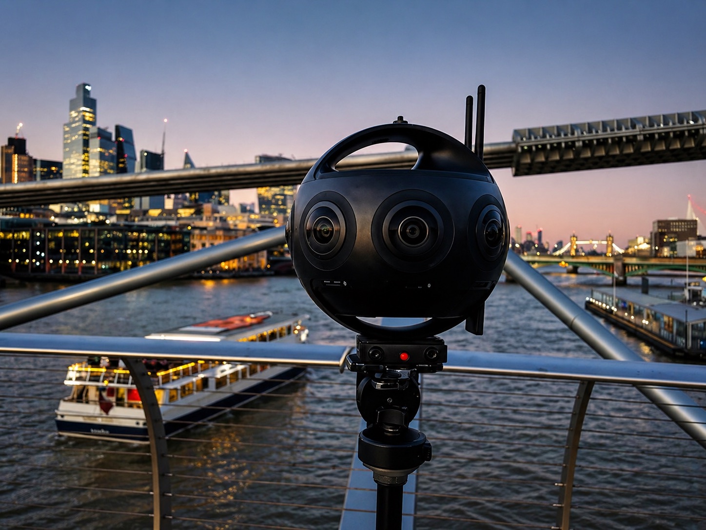 Insta360 Titan 11K professional 360 VR camera on tripod overlooking the City of London skyline at dusk — available for hire in London