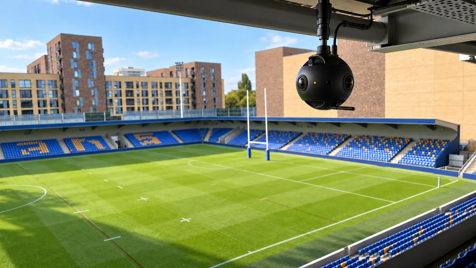 A professional spherical camera installed overlooking an empty rugby stadium ahead of a match