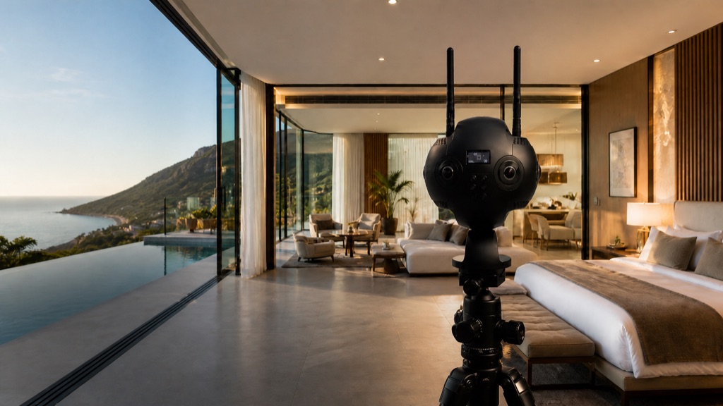 Insta360 Titan capturing a 360° virtual tour of a luxury suite with mountain and ocean views