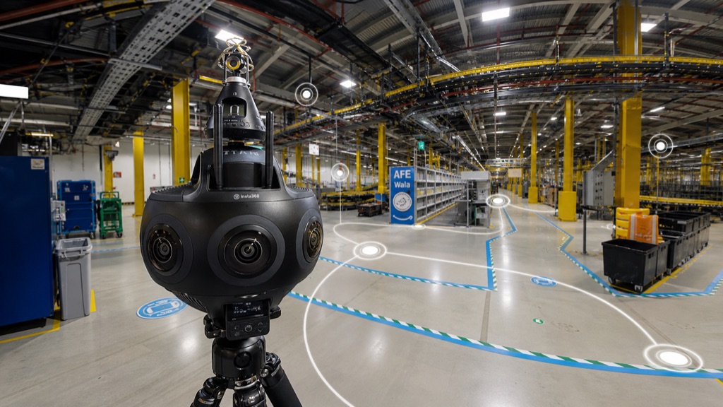 Insta360 Titan capturing a 360° virtual tour of a commercial warehouse and logistics facility
